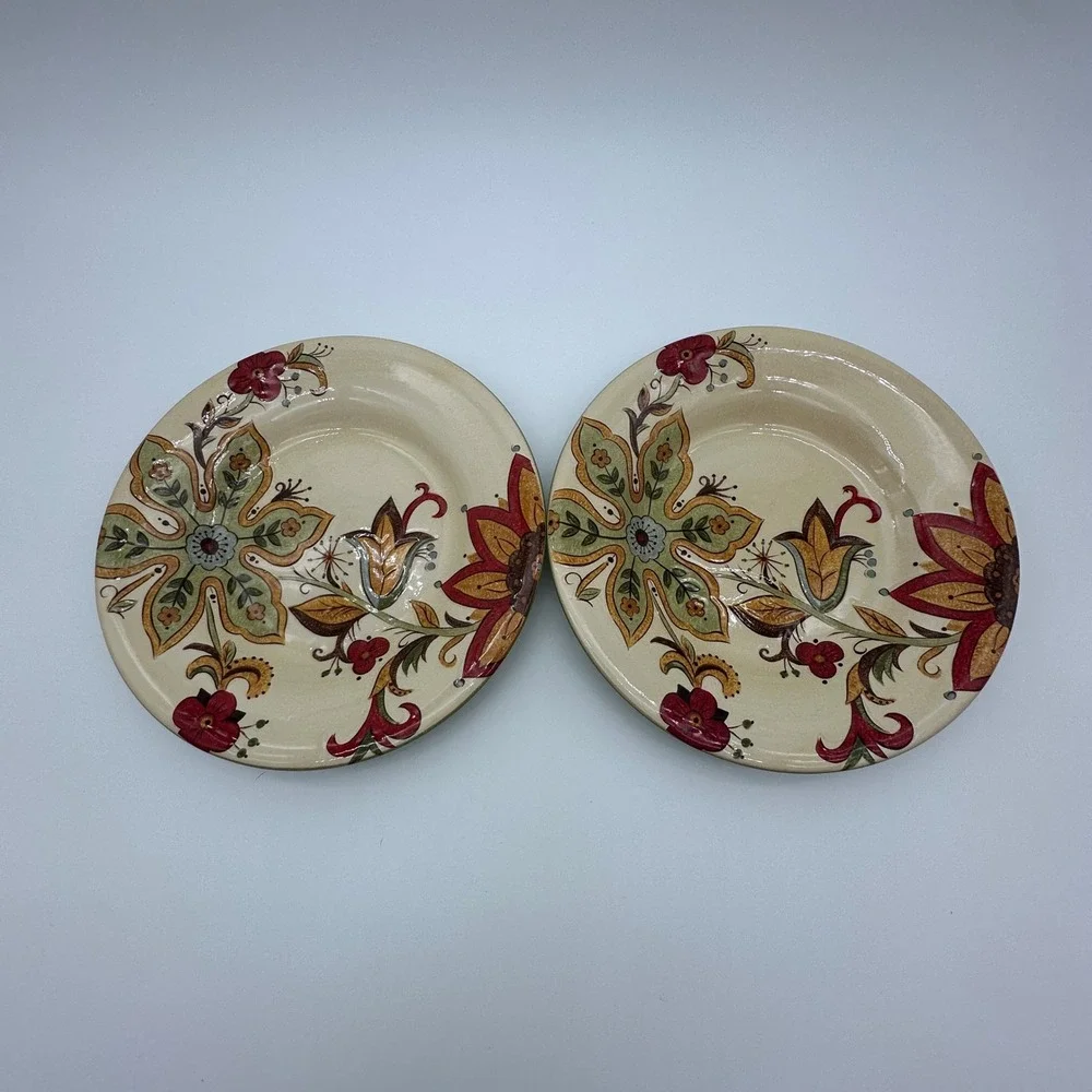 2 Pier 1 Imports Carynthum Salad Plates Handcrafted Earthenware Floral 8.2